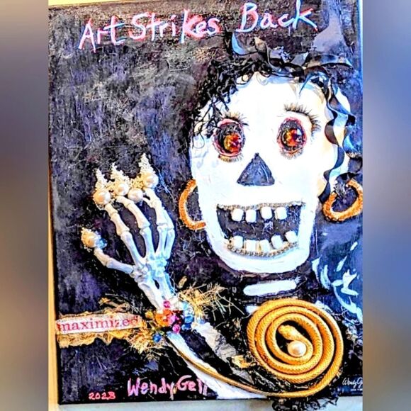 Wendy Gell 3 dimensional on canvas "Art Strikes Back' skull jeweled eyes hand